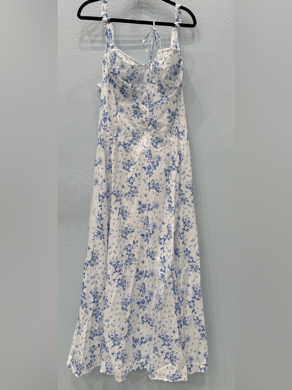 Blue & White Floral Corset Midi Dress with Leg Slit - 5XL (Fits 2X/3X)